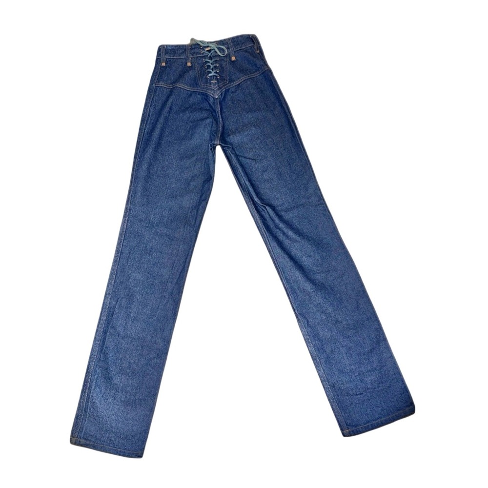 MERICA LEE'S Ribbon Corset Back Blue Raw Denim High Rise Straight Jeans | Sz 4